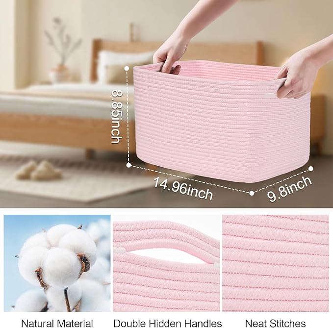 3-Pack Shelf Baskets for Organizing, Woven Storage Basket for Shelves, Cotton Rope Storage Bins for Toys Books, Nursery Towel Baskets for Classroom, 14.96"X9.8"X8.85", Pink-CasaMuseHome
