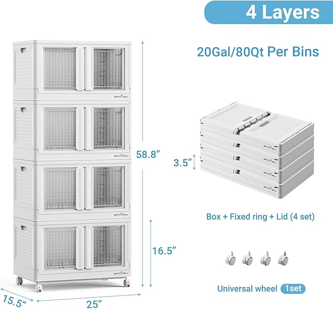 400Qt Stackable Storage Bins with Lids, 100Gal Closet Organizers and Storage Drawer, Plastic Collapsible Storage Bins with Doors, Heavy Duty Store Box Cabinet for Home Kitchen, 4Pack White-CasaMuseHome