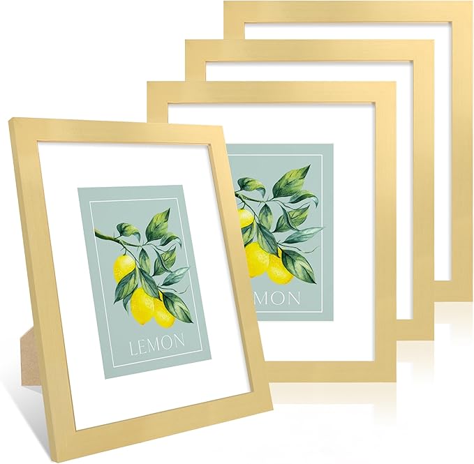 8x10 Picture Frame Set of 4, 8 x 10 Wood Photo Frames with Mat for 5x7, Wooden Frame with Real Glass Cover for Wall and Tabletop Display,Gold-CasaMuseHome