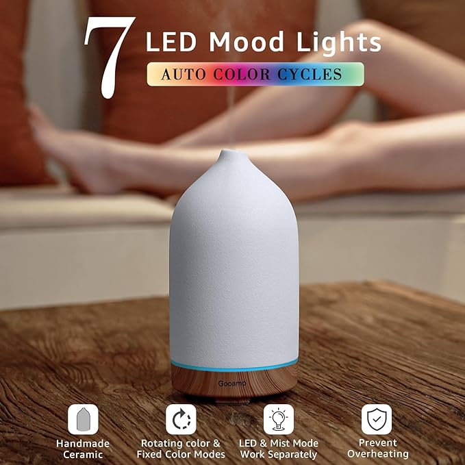 200ML Ceramic Essential Oil Diffuser - Ultrasonic Aromatherapy & Humidifier with 7-Color LED Lights, Auto Shut-Off, Wood Grain Base, 1H/3H/6H Timer | Scent for Home, Office, Yoga-CasaMuseHome
