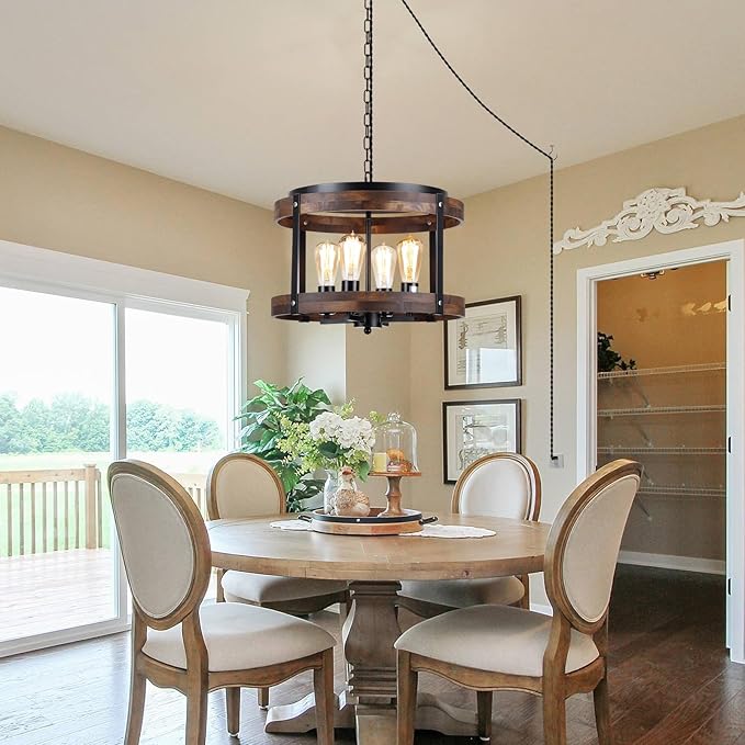 4-Light Large Rustic Farmhouse Plug in Pendant Light Fixture with Adjustable Chain, Dimmable Switch, 16.5 inch Oak Wood Drum Hanging Lamp for Dining Room Living Room Farmhouse Entry, Black-CasaMuseHome
