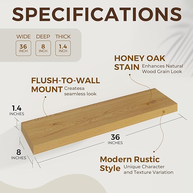 36 inch Floating Shelves Wall Shelves for Office with Invisible Brackets, 8 inch Deep Shelves for Bathroom, Living Room, Kitchen, Office, 36x7.9 inch deep Set of 2, Oak-CasaMuseHome