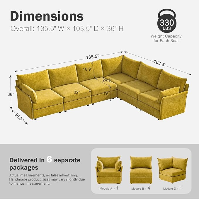 135.5" Oversized Modular Sectional Sofa, L Shaped Convertible Couch with Movable Ottoman, Large 6 Seat Corner Couches for Living Room Deep Seat Yellow Chenille-CasaMuseHome