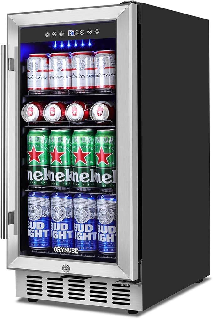 15 Inch Beverage Refrigerator, 130 Can Capacity Under Counter Fridge with Lock & Glass Door, Quiet Built-in or Freestanding Beer Cooler, Powerful Compressor for Fast Cooling-CasaMuseHome