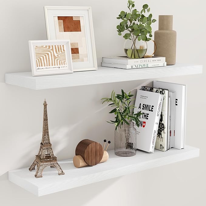 40 Inch Floating Shelves White, 40" W x 9" D Floating Shelf Set of 2, Farmhouse Wood Wall Shelves for Bedroom, Kitchen, Wall Mounted Deep Shelving for Home Decor-CasaMuseHome