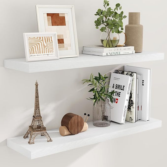 40 Inch Floating Shelves White, 40" W x 9" D Floating Shelf Set of 2, Farmhouse Wood Wall Shelves for Bedroom, Kitchen, Wall Mounted Deep Shelving for Home Decor-CasaMuseHome