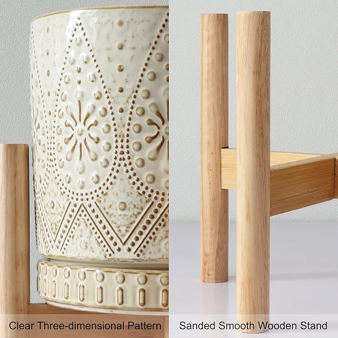 8 Inch Plant Pot with Stand, Ceramic Planter with Drainage Holes, Saucers and Mesh Pads for Indoor-Outdoor Plants-CasaMuseHome