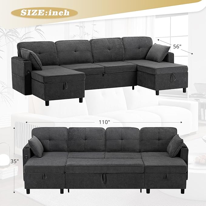 110 Inches Chenille Sectional Sofa w/Adjustable Back & Pull Out Sofa Bed, Tufted U Shaped Couch w/Two Storage Chaises, Sleeper Sectional Sofa w/USB Port & Cup Holders for Living Room, Grey-CasaMuseHome