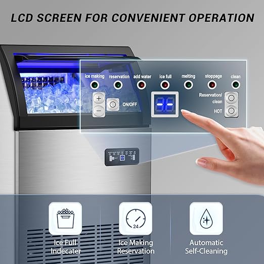 220LBS Commercial Ice Maker Machine - 72PCS Ice Cubes per Round, Undercounter/Freestanding Ice Machine, 55LBS Ice Storage Capacity for Home Bar and Outdoor, Stainless Steel Self-Cleaning-CasaMuseHome
