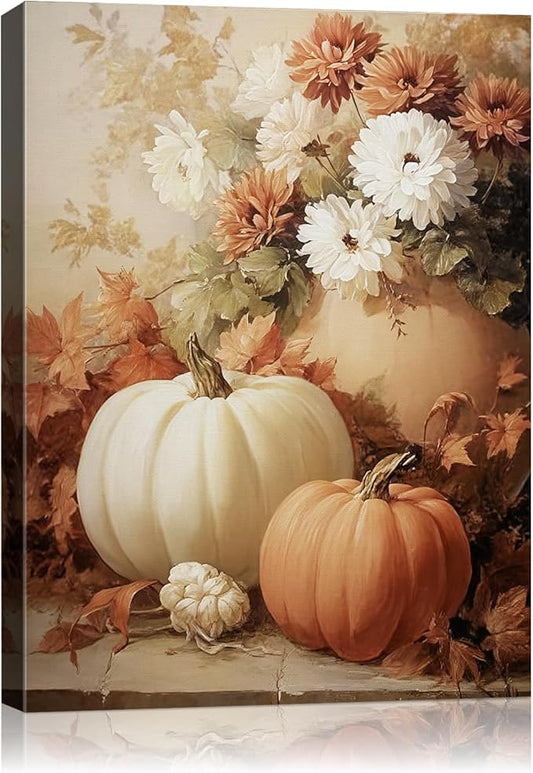 AbcCustomize Fall Wall Art Pumpkin Floral Print, Vintage Thanksgiving Decorations Canvas for Autumn Decor, Rustic Daisy Farmhouse Wall Art Decor for Bedroom Living Room Kitchen, Ready to Hang-CasaMuseHome