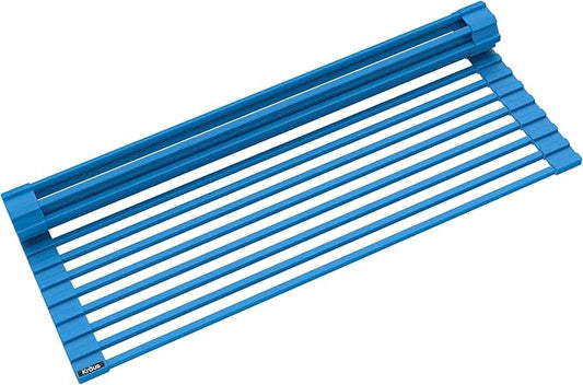 KRAUS Multipurpose Over-Sink Roll-Up Dish Drying Rack, Colander and Trivet in Aqua, KRM-10AQ