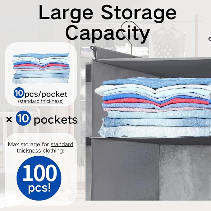 5 Tier Shelf Hanging Closet Organizer, Dual-Row 10 Pocket Cloth Hanging Shelf with 3 Sturdy Hooks for Storage, Foldable (Grey)-CasaMuseHome