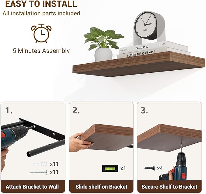 48 Inch Floating Shelves, 48"x9.25"x1.5" Inch Deep Floating Shelves for Wall, Wooden Shelves for Bathroom, Bedroom, Living Room, Walnut-CasaMuseHome