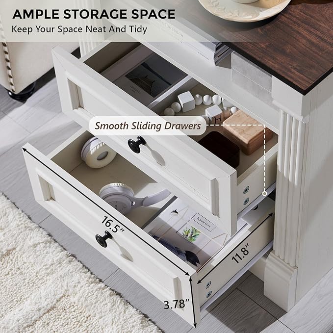 26" Tall Farmhouse Night stand Set of 2, 2 Drawers End Table w/Charging Station, 23.6" Wide Wood Side Table w/Roman Column, Large Rustic Sofa Table w/Open Shelf, Bedside Table for Bedroom, White-CasaMuseHome