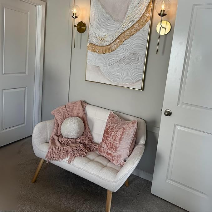 48”Small Loveseat Sofa, Modern Sherpa Upholstered Mini Couch 2-Seater Fluffy Love Seat with Quilting Backs and Wood Legs for Living Room, Bedroom and Small Space, White-CasaMuseHome