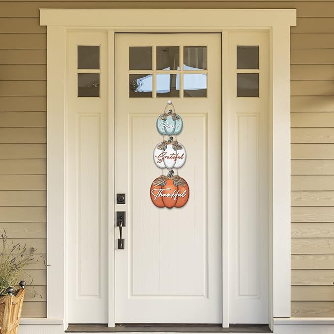 3 Pieces Pumpkin Decor Grateful Thankful Blessed Wall Signs,Rustic Hanging Welcome Door Sign for Autumn Harvest Thanksgiving Halloween Door Wall Decoration Indoor Outdoor Fall Decor for Home-CasaMuseHome