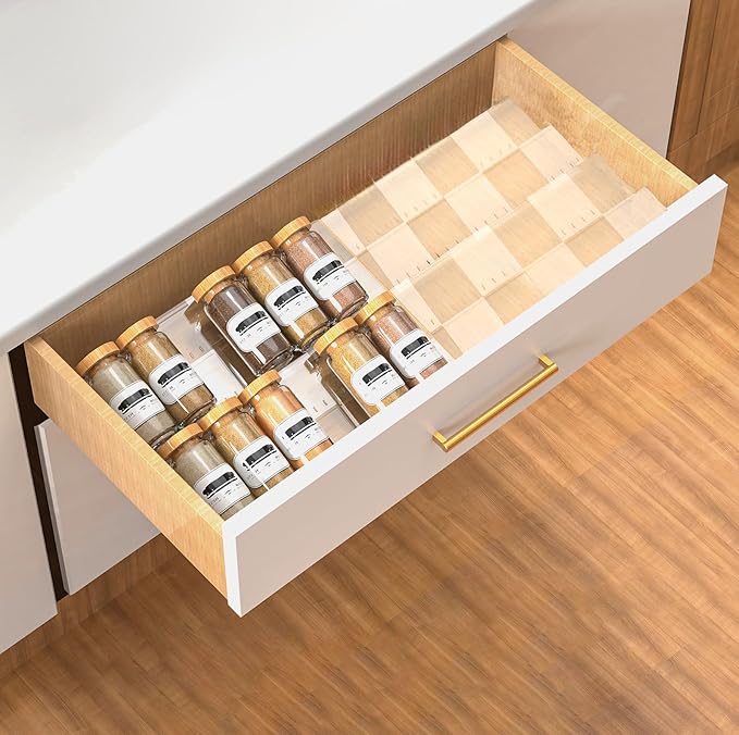 2-Tier Non-Slip Spice Drawer Organizer, 2-Pack Checkered Frosted Clear Acrylic, Expandable (11''-22'') Spice Rack for Kitchen Drawer Storage – Holds Seasonings, Herbs, and Spices (Jars Not Included)-CasaMuseHome