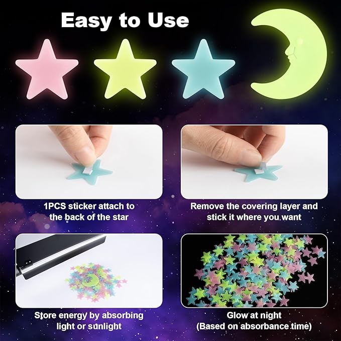 200 Glow in The Dark Stars for Ceiling - Glowing Stars and Moon Stickers Estrellas que brillan en la oscuridad para el techo de cuarto Plastic Space Galaxy Decals Bedroom Wall Decorations-CasaMuseHome