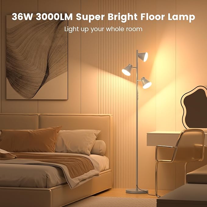 36W LED Tree Floor Lamp, Dimmable Tall Standing Lamp with Remote & Touch Control, 4 Color Temperatures Bright Floor Lamp, 3 Rotatable Light Modern Floor Lamps (Silver Gray)-CasaMuseHome