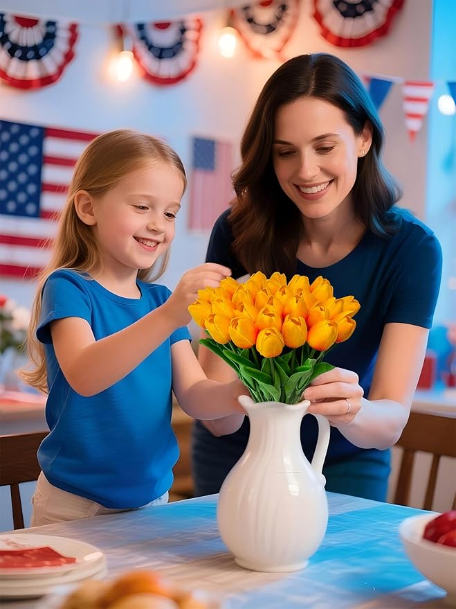 15 Heads Artificial Flowers PU Real Touch Tulip Bouquets Orange Tulips Faux Tulips Latex Fake Flower Bouquet for Spring Wedding Home Décor Centerpiece Arrangements-CasaMuseHome