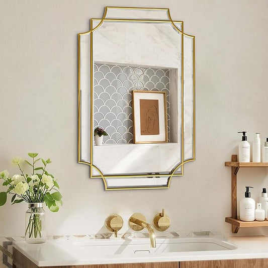 30x20 Inch Gold Bathroom Mirror, Wooden Frame with Scalloped Polished Beveled Glass, Modern Art Wall Decor for Vanity, Irregular Rectangle Mirror for Bedroom, Living Room, Fireplace & Entryway-CasaMuseHome