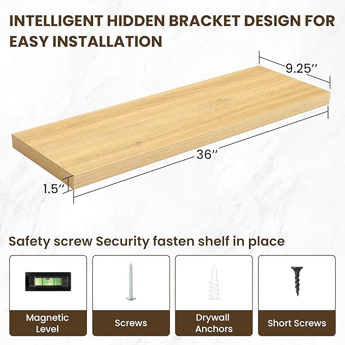 36 Inch Floating Shelves, 3D Textured Wood Grain, 36"x9.25"x1.5" Inch Deep Floating Shelves for Wall, Wooden Shelves for Bathroom, Bedroom, Living Room, Natural-CasaMuseHome