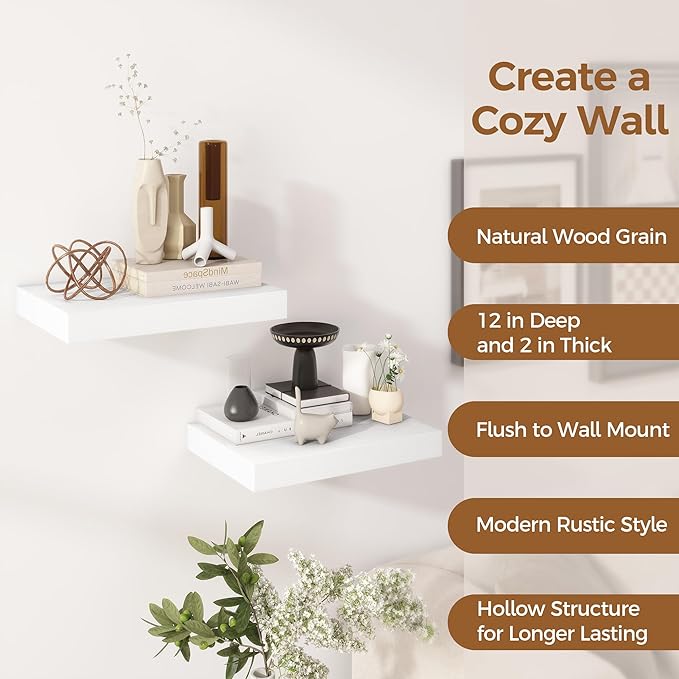12 Inch Deep White Floating Shelves, 16 x 12 Floating Shelf for Books, Rustic Wood Deep Wall Shelves for Home Storage & Display, 2" Thicked Shelves for Kitchen, Living Room, Bedroom, 2 Pack-CasaMuseHome