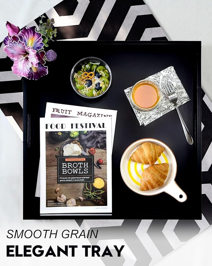 20 Inches Square Wooden Ottoman Tray Black, Large Wood Serving Tray with Handles for Living Room, Serving Food Breakfast, Ottoman Coffee Table Couch Sofa Kitchen-CasaMuseHome