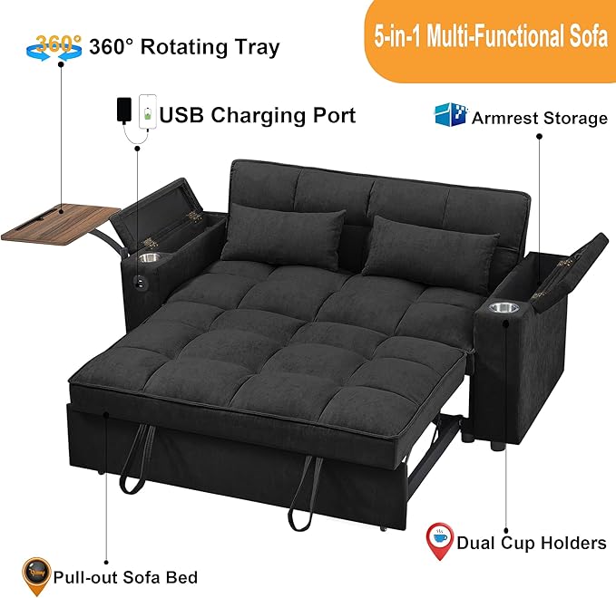 66" Multi-Functional Pull-Out Sofa Bed with Hidden Side Table, Storage Armrests, Built-in Charging Port, Spring Mattress, Solid Wood Frame – Ideal for Small Spaces, Easy Assembly-CasaMuseHome