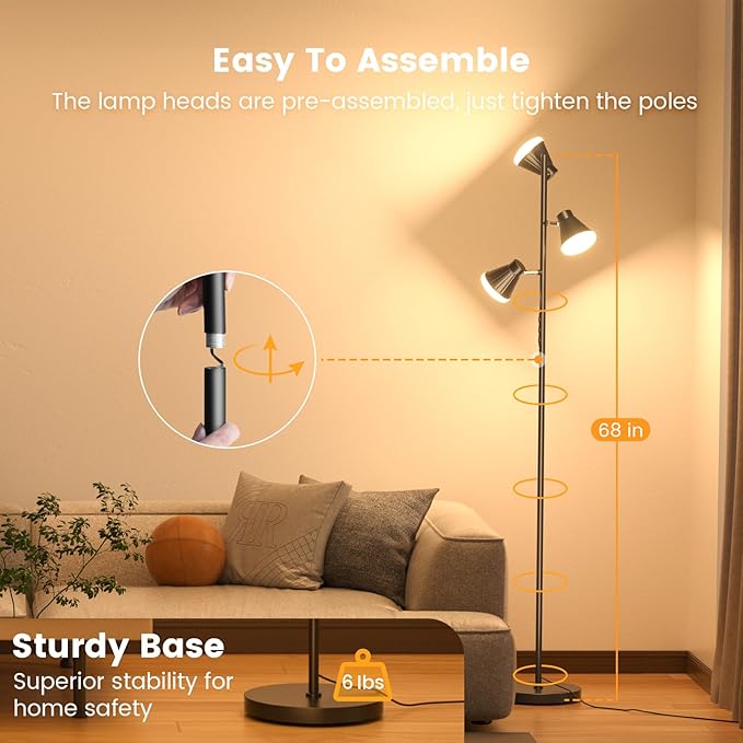 36W LED Tree Floor Lamp, Dimmable Tall Standing Lamp with Remote & Touch Control, 4 Color Temperatures Bright Floor Lamp, 3 Rotatable Light Modern Floor Lamps for Living Room Bedroom Office-CasaMuseHome