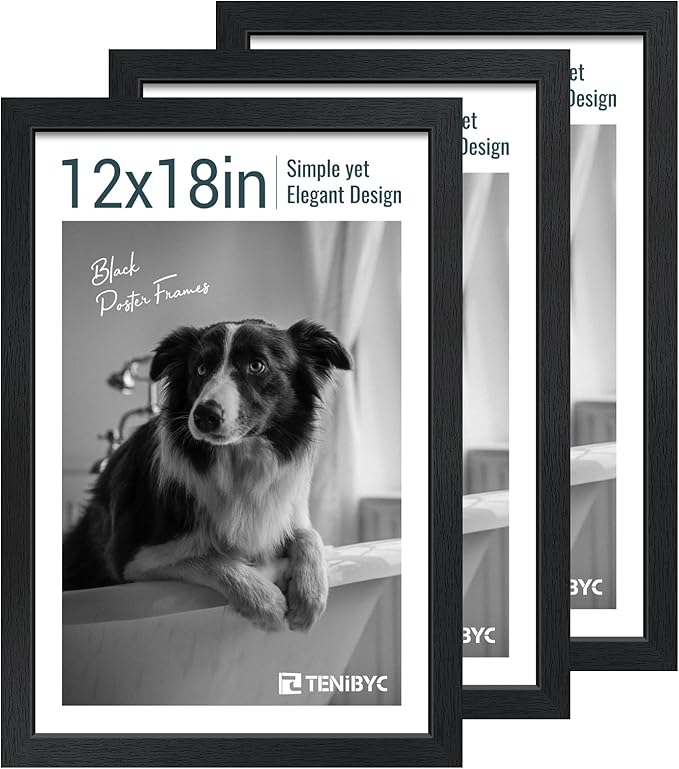 12x18 Poster Frame Set - 3 Pack, Textured Black Solid Wood with HD Tempered Glass, Wall Gallery Picture Photo Frame-CasaMuseHome