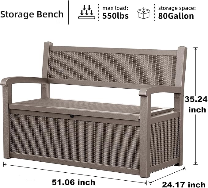 80 Gallon Storage Bench Deck Box, Waterproof and Lockable Outdoor Storage Furniture for Patio, Garden, and Porch – Perfect for Storing Garden Tools and Cushions (Gray)-CasaMuseHome