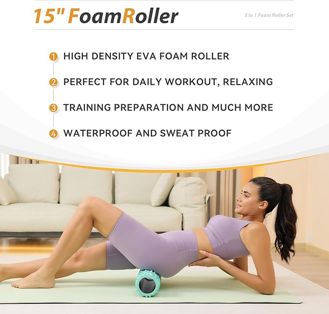 5 in1 Foam Roller Set, Trigger Point Foam Roller, Massage Roller Stick, Massage Ball, Resistance Band for Deep Muscle Massage Pilates Yoga,Fitness Exercise for Whole Body (Pure Turquoise)-CasaMuseHome