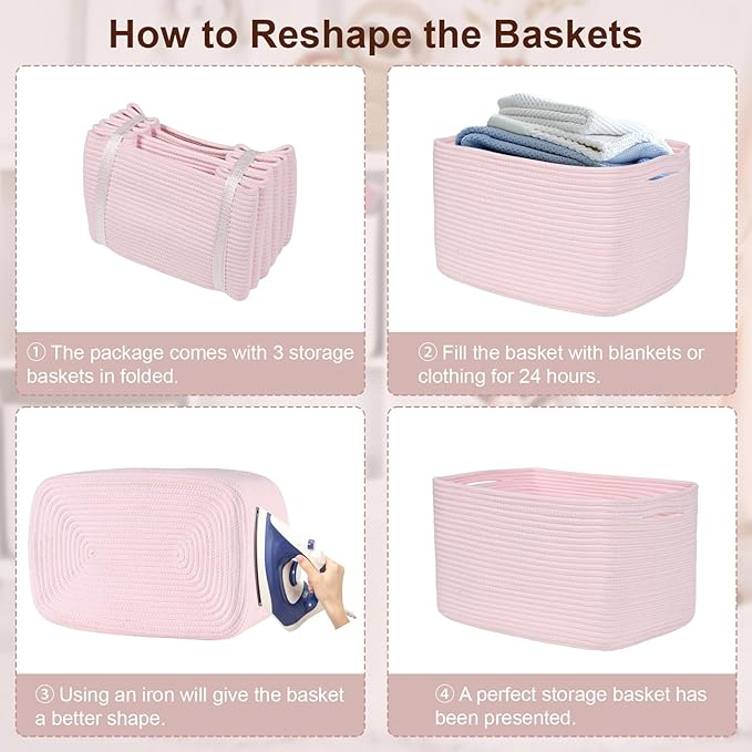3-Pack Shelf Baskets for Organizing, Woven Storage Basket for Shelves, Cotton Rope Storage Bins for Toys Books, Nursery Towel Baskets for Classroom, 14.96"X9.8"X8.85", Pink-CasaMuseHome