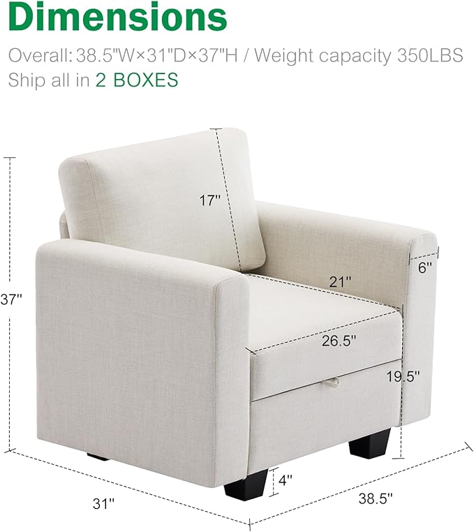 38.5 Oversized Accent Chair with Storage Beige Set of 2, Single Modern Accent Sofa Chair with Arms for Apartment Living Room Linen(21" Deep Seat)-CasaMuseHome