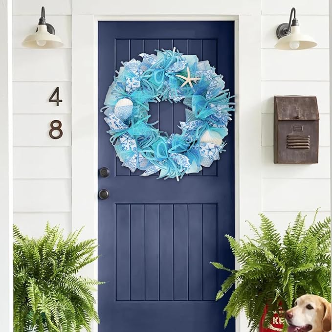 24 Inch Coastal Seashell Large Wreath with Natural Starfish & Scallops Shell, Blue Beach Style Front Door Wreath with for Spring Summer, Farmhouse Rustic Indoor Outdoor Home Wall Wedding Decor-CasaMuseHome
