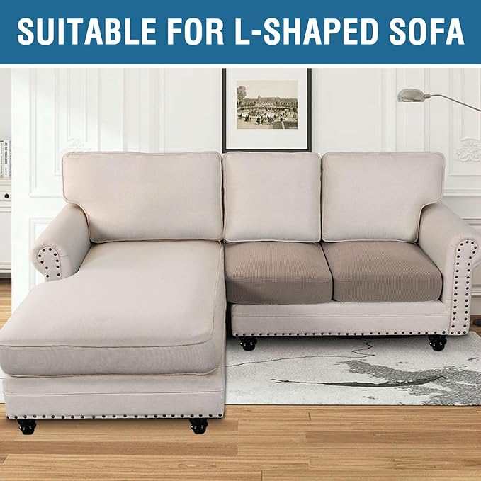 H.VERSAILTEX Super Stretch Individual Seat Cushion Covers Sofa Covers Couch Cushion Covers Slipcover Sets Thick Jacquard Textured Twill Fabric (2 Piece Medium Sofa Cushion Covers, Sand)-CasaMuseHome