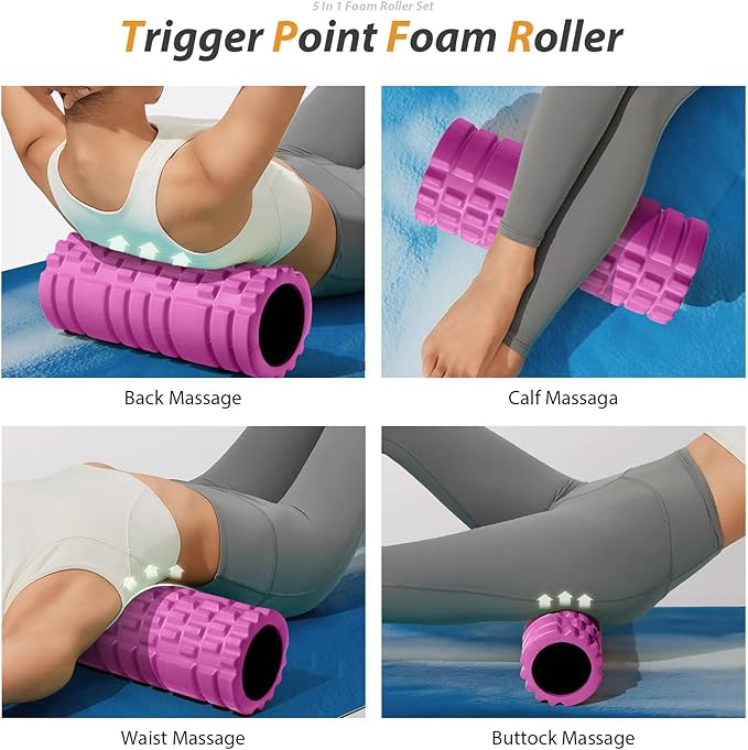 5 in 1 Foam Roller Set for Deep Tissue Muscle Massage, High Density Fitness Exercise Foam Roller, Massage Roller, Massage Ball, Resistance Band, for Whole Body (Pink-Black)-CasaMuseHome