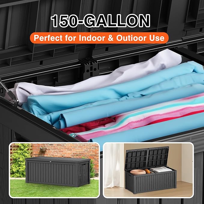 150 Gallon Outdoor Storage Cabinet, Large Outdoor Storage Box for Patio Furniture Covers, Cushion Pillows, Waterproof Deck Box with Lockable Lid for Garden Tools, Pool Accessories, Black-CasaMuseHome