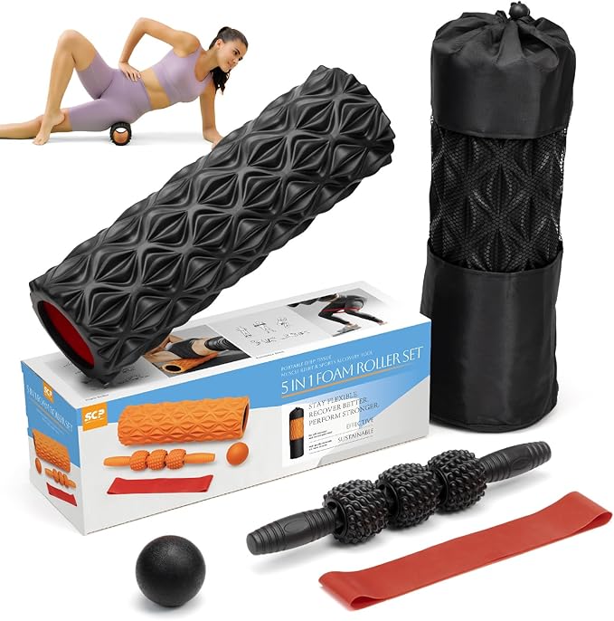 5 in1 Foam Roller Set, Trigger Point Foam Roller, Massage Roller Stick, Massage Ball, Resistance Band for Deep Muscle Massage Pilates Yoga,Fitness Exercise for Whole Body (Pure Black)-CasaMuseHome