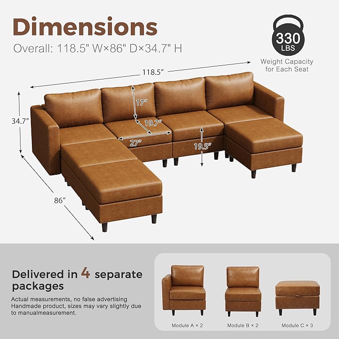 118.5" Faux Leather Modular Sectional Sofa, 7 Seater U Shaped Couch with Storage Seat with Reversible Chaise Deep Seat for Living Room Brown-CasaMuseHome