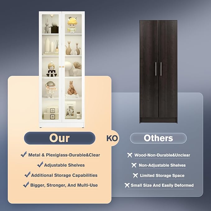 5 Tier Metal Curio Cabinets, Modern Bookshelf Cabinet with 4 Adjustable Shelves, Cabinet Display Case for Home Office, Living Room, Pantry (White-27.5W)-CasaMuseHome