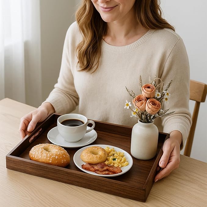 Acacia Wood Serving Tray with Handles, 17 Inch Wooden Tray for Ottoman, Breakfast, Lunch, Dinner, Decorative Rectangular Tray for Living Room, Kitchen Counter, Outdoor-CasaMuseHome