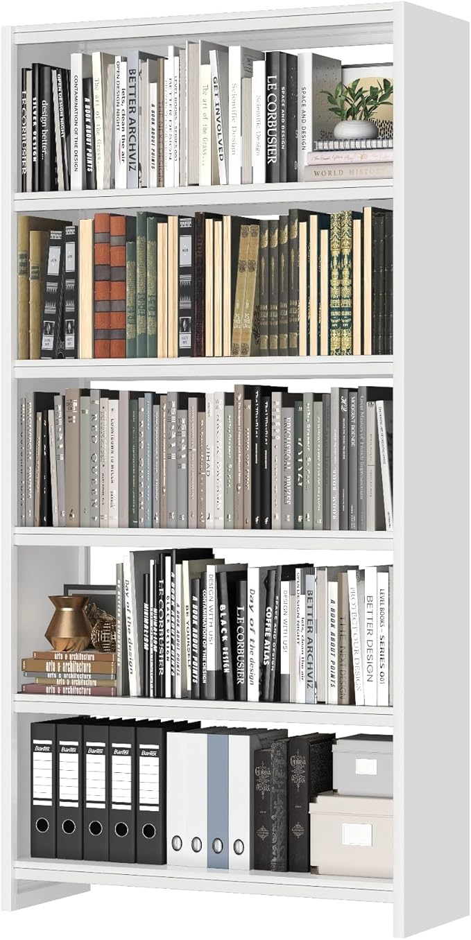 69" Tall Bookcase, 5-Tier Wide Bookshelf, Library Book Case with Display Shelf, Lightweight Metal Bookshelves, Industrial Book Shelf for Home, Office, Library, and School (White)-CasaMuseHome