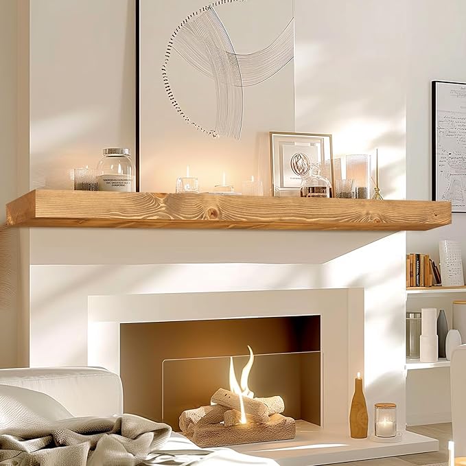 72x7x3 Fireplace Mantel - Solid Rustic Wood - Wall Mounted Floating Shelf with Invisible Heavy Duty Steel Bracket (Natural Wood)-CasaMuseHome