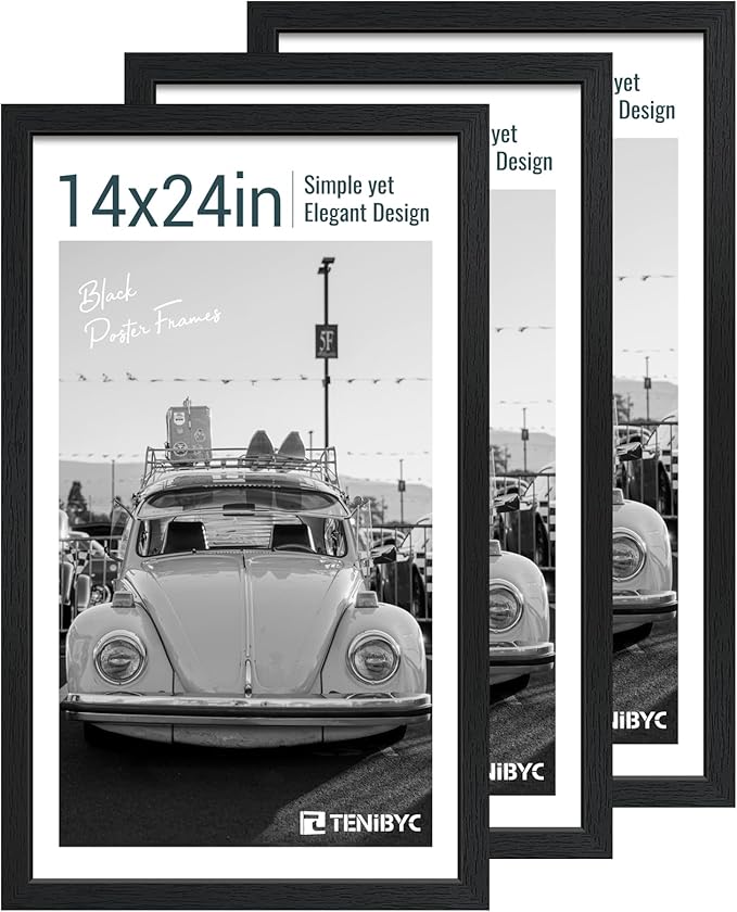 14x24 Poster Frame 3 Pack, Textured Black Solid Wood Gallery Picture Frame - Wall Hanging-CasaMuseHome
