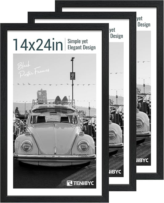14x24 Poster Frame 3 Pack, Textured Black Solid Wood Gallery Picture Frame - Wall Hanging-CasaMuseHome