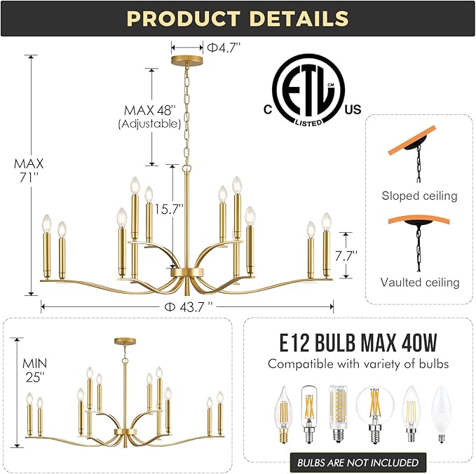 12 Light Gold Living Room Chandelier High Ceiling Foyer Candle Chandelier Large Modern Brass 44in Metal Chandeliers Hanging Light for Master Bedroom Dining Room Light Fixture Over Table-CasaMuseHome