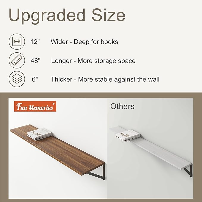 12 Inch Deep Floating Shelves,48W x 12D Floating Shelves, Deep Wall Shelves Bracket Set of 2, Large Display Floating Shelf for Bathroom, Living Room, Wide Storage Wooden Wall Shelf, Walnut-CasaMuseHome