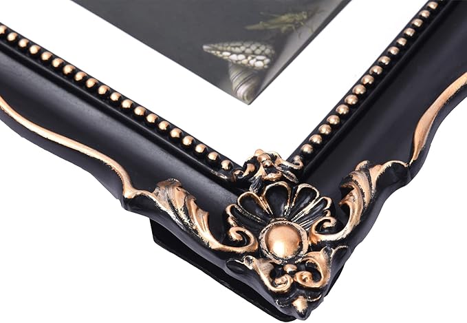 8x10 Vintage Picture Frame with Embossed Flower Design, Black Ornate Frame for 8x10 or 5x7 Pictures with White Mat, Hand-Crafted Resin Antique Frames for Tabletop & Wall Hanging, Home Decor (Black)-CasaMuseHome